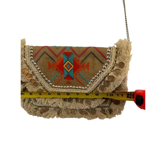 NWT Antik Kraft Boho Embroidered Fringe Crossbody Bag Coin Accents Chain Santa F - Picture 4 of 16